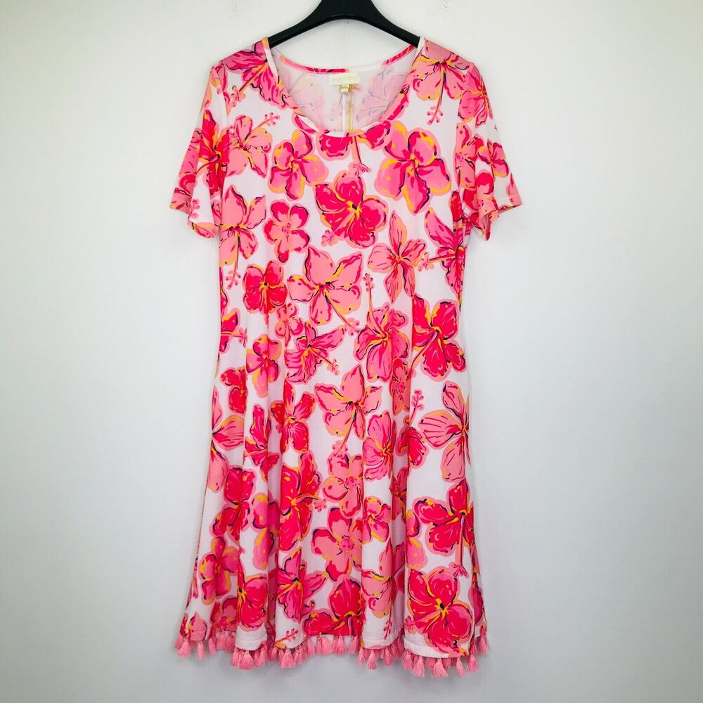Simply Southern Women's Medium Dress White Pink Hibiscus Floral Tassel NWT CG22